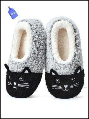 Plush 3D Cat Slippers with Soft Soles for Women Size 7-8